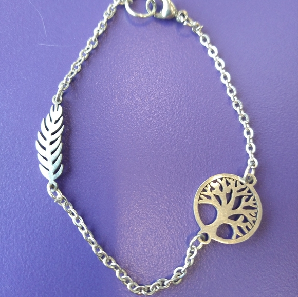 Tree of Life & Feather Charm Bracelet SS Stainless Steel Silver Deck Your Wrist - Picture 3 of 6